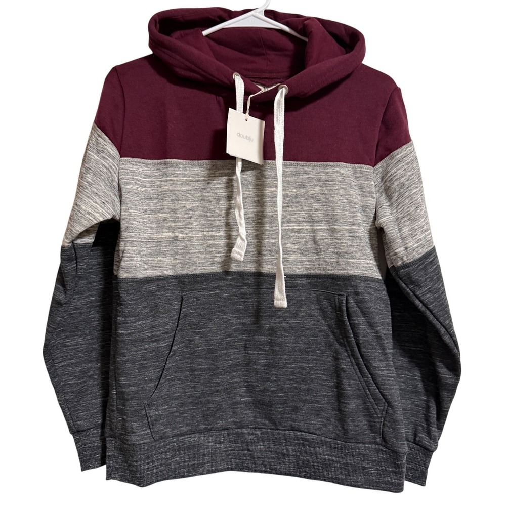 Doublju‎ Mens Colorblock Hoodie Burgundy Grey Charcoal Fleece Small NWT
